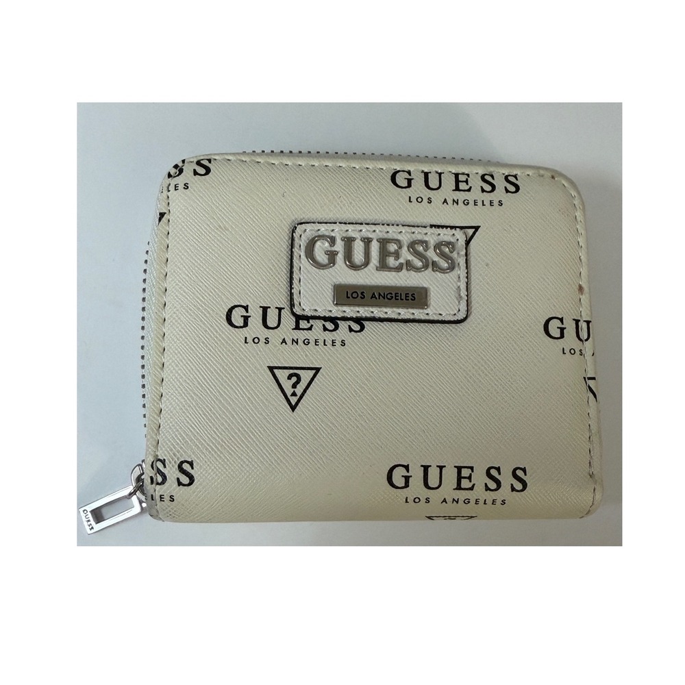 Guess Los Angeles Zip‎ Around Wallet White Logo Print Saffiano Faux Leather
